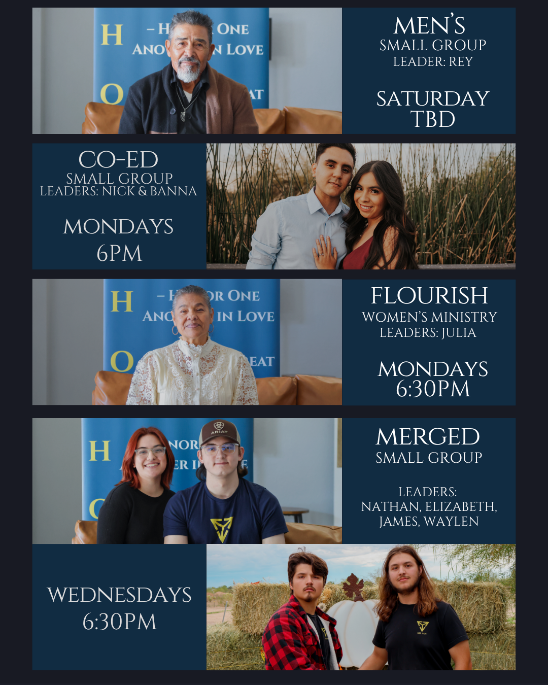 Ethos Church small groups directory - Men's with Rey on Saturdays, Co-Ed with Nick and Banna on Mondays 6PM, Flourish Women's Ministry with Julia on Mondays 6:30PM, and Merged with Nathan, Elizabeth, James and Waylen on Wednesdays 6:30PM